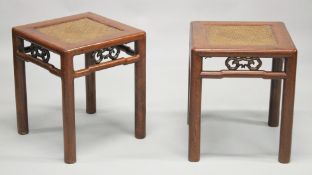 A PAIR OF CHINESE ELM SQUARE STOOLS, with woven bamboo panels on pole legs, 40cm wide, 48cm high.