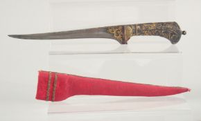 A FINE 17TH-18TH CENTURY MUGHAL INDIAN GOLD OVERLAID WATERED STEEL DAGGER, and sheath, dagger 28cm