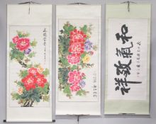 THREE CONTEMPORARY CHINESE SCROLL PAINTINGS, including two floral designs and one calligraphy