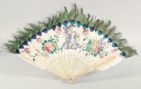 A CHINESE CANTON CARVED AND PIERCED BONE FAN, with peacock feathers.