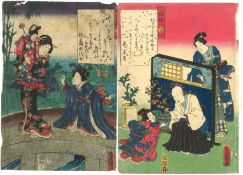 TOYOKUNI III UTAGAWA (1786-1864); THE TALE OF GENJI, 1853, six Japanese woodblock prints, (6).