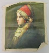 A GOOD ORIENTAL PORTRAIT PAINTING ON CANVAS, unframed.