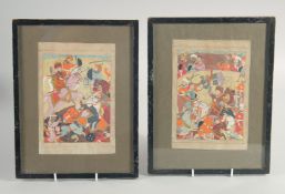 A PAIR OF EARLY PERSIAN MINIATURE PAINTINGS ON PAPER, depicting battle scenes, framed and glazed,