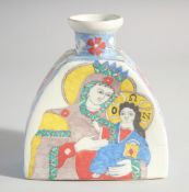 AN ARMENIAN GLAZED POTTERY WATER FLASK BOTTLE, painted with religious subject, 16.5cm high.