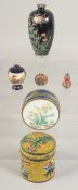 A MIXED LOT OF CLOISONNE ITEMS; comprising a black ground floral vase, a cylindrical box and