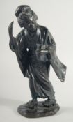 A JAPANESE MEIJI PERIOD BRONZE FIGURE OF A GEISHA, with character mark to base, 31cm high.
