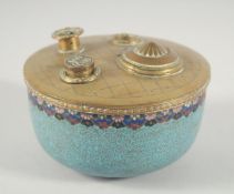 A JAPANESE CLOISONNE CIRCULAR INK STAND, with brass mount to the top inset with glass liner to the