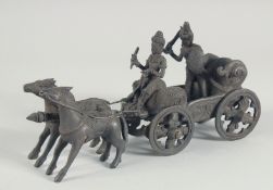 A BURMESE BRONZE MODEL OF A CART, with two figures being pulled by horses, 25.5cm long.