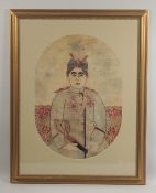 A FINE PERSIAN RAVAR KERMAN FRAMED RUG, depicting Ahmad Shah Qajar; the last ruler of the Qajar
