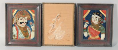 A PAIR OF REVERSE GLASS PAINTINGS of a male and female figure, together with a painting of a