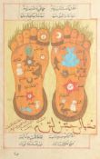 AN INDIAN TANTRIC FEET MINIATURE PAINTING, with zodiac signs, inscribed, framed and glazed, image