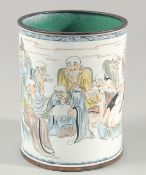 A CHINESE ENAMELLED CYLINDRICAL POT, painted with various figures and inscribed, character mark to