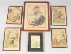 A MIXED LOT OF JAPANESE WOODBLOCK PRINTS, four glazed; unframed, together with one small framed