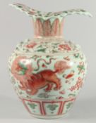 A VERY LARGE CHINESE IRON RED AND GREEN PORCELAIN VASE, with unusual leaf-form rim, moulded