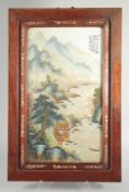 A CHINESE REPUBLIC PERIOD POLYCHROME PORCELAIN PANEL, encased with a bone inlaid wooden frame, panel