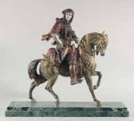 A LARGE 19TH CENTURY ORIENTALIST COLD PAINTED HORSE AND RIDER, mounted to a green marble base,