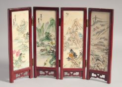 A CHINESE MINIATURE FOUR-PANELLED ALABASTER AND WOOD FOLDING SCREEN, painted on one side with