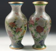 A PAIR OF CHINESE GLASS CLOISONNE VASES, decorated with colourful glass and wirework flowers with