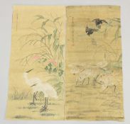 TWO CHINESE PAINTINGS ON PAPER, each depicting cranes and native flora, (2).