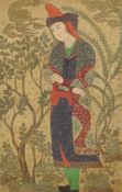 A FINE LARGE PERSIAN PAINTING ON PAPER, depicting a standing figure in tradition attire, the robes