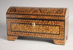 A GOOD SYRIAN MARQUETRY MIXED WOOD DOMED TOP CASKET, inlaid with mother of pearl, including key