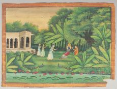 A LARGE INDIAN PAINTING ON PAPER, depicting a wooded outdoor scene with a deity and female