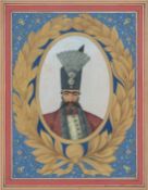 A FINE PORTRAIT MINIATURE PAINTING OF NASER ALDIN SHAH QAJAR, painted with a floral gilt oval border