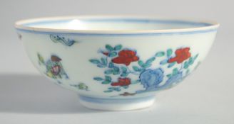 A CHINESE DOUCAI PORCELAIN CHICKEN BOWL, six-character mark to base, 12cm diameter.
