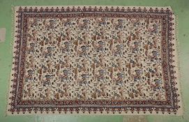 A PERSIAN STYLE MESHKAT HAND PAINTED TEXTILE, decorated with polo players, 146cm x 100cm.