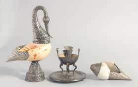 TWO METAL MOUNTED SHELLS, on formed as a swan, together with a metal stand, (3).