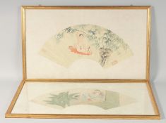 A PAIR OF CHINESE FANNED EROTIC PAINTINGS, each depicting a couple in an erotic embrace, two red