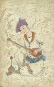 A PERSIAN MINIATURE PAINTING ON PAPER, depicting a seating figure playing a musical instrument