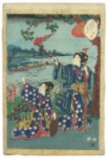 KUNISADA II UTAGAWA (1823-1880); TALE OF GENJI, three mid-19th century original Japanese woodblock