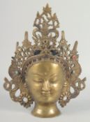A LARGE THAI BRONZE HEAD, with turquoise stones inset to the head dress, 37cm high.
