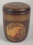 A FINE JAPANESE TURNED WOOD NATSUME / TEA CADDY, with a band of gilded key decoration to the lid and