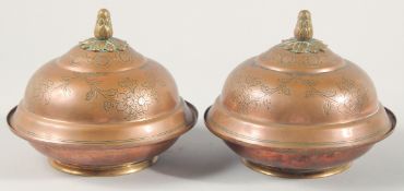 A RARE PAIR OF 18TH CENTURY OTTOMAN TURKISH GILDED COPPER TOMBAK LIDDED DISHES, with gold traces