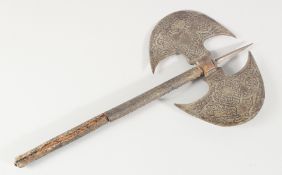 A PERSIAN QAJAR STEEL TWIN HEAD AXE, with engraved decoration and snake skin overlaid handle, 51.5cm