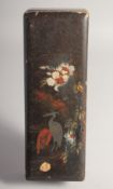 A JAPANESE LACQUERED WOOD RECTANGULAR BOX, the hinged lid decorated with cranes and flora, 30cm x