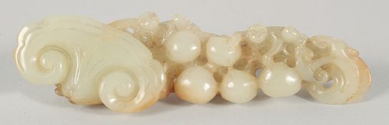 A GOOD CHINESE JADE CARVING of monkey and peach ruyi, 15.5cm long.