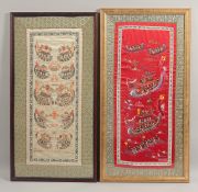 TWO 20TH CENTURY CHINESE EMBROIDERED SILK PANELS, depicting hundred boys boating scene, framed and