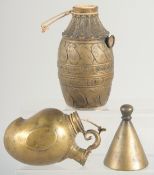 TWO SMALL BRASS HUQQA BASES, together with a brass cup, (3).
