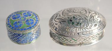 TWO 18TH/19TH CENTURY MUGHAL INDIAN LUCKNOW ENAMELLED SILVER SNUFF BOXES, 6cm wide and 3.5cm, (2).