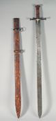 AN UNUSUAL EARLY INSCRIBED SWORD IN A LEATHER COATED SCABBARD, 102cm long overall.