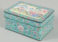A CHINESE CANTON FAMILLE ROSE ENAMELLED RECTANGULAR BOX, with turquoise ground; the lid painted with