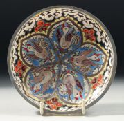 A VERY GOOD RUSSIAN CIRCULAR GLASS AND ENAMEL DISH. 4.75ins diameter.