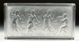 A GOOD RECTANGULAR GLASS BOX AND COVER, the cover with the Three Graces and Pan.