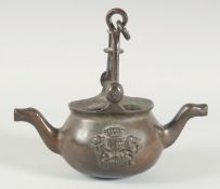 A RARE EUROPEAN BRONZE TWO SPOUTED BOWL with swing handles and crest on both sides. ANNO. 1751. 5ins