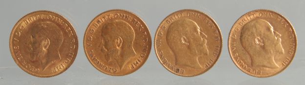 FOUR GOLD HALF SOVEREIGNS, 1907 (2), 1911, & 1914.