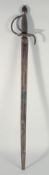 A RARE 18TH - 19TH CENTURY GERMAN SWORD with metal and wire handle in a leather scabbard, No. I L