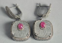 A PAIR OF ART DECO STYLE ONYX, RUBY AND DIAMOND EARRINGS.